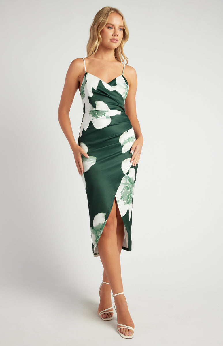 Emerald Green Floral Pleated Side Detail Midi Dress – Jealouzy Fashion