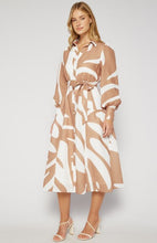Load image into Gallery viewer, Camel &amp; Cream Abstract Printed Faux Linen Button Up Midi Dress