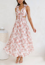 Load image into Gallery viewer, Peach Floral Midi Cocktail Dress with Side Cutouts and Lace Corset Cross Over to Back (Copy) (Copy)