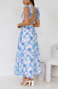 Blue Floral Midi Cocktail Dress with Side Cutouts and Lace Corset Cross Over to Back