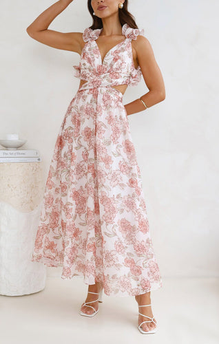 Peach Floral Midi Cocktail Dress with Side Cutouts and Lace Corset Cross Over to Back (Copy) (Copy)