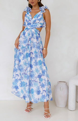 Blue Floral Midi Cocktail Dress with Side Cutouts and Lace Corset Cross Over to Back