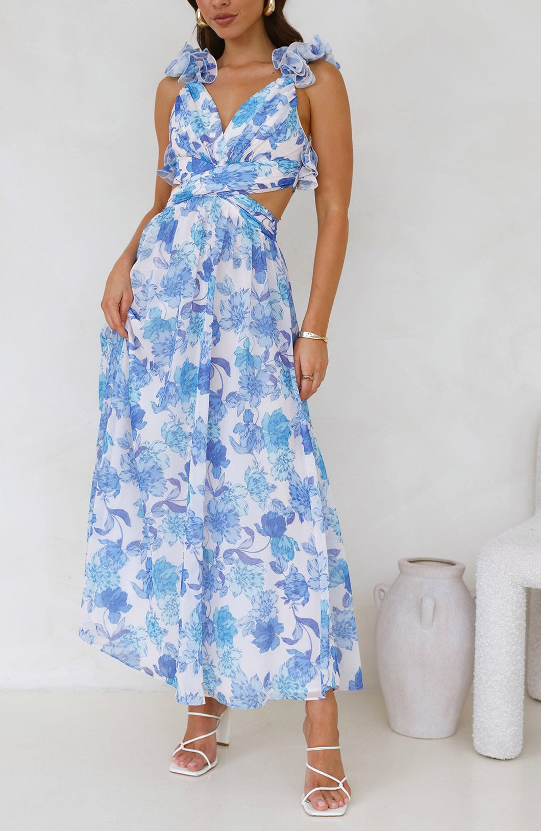 Blue Floral Midi Cocktail Dress with Side Cutouts and Lace Corset Cross Over to Back