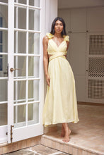 Load image into Gallery viewer, Butter Yellow Midi Cocktail Dress with Side Cutouts and Lace Corset Cross Over to Back (Copy) (Copy) (Copy) (Copy)