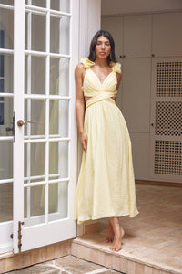 Butter Yellow Midi Cocktail Dress with Side Cutouts and Lace Corset Cross Over to Back (Copy) (Copy) (Copy) (Copy)