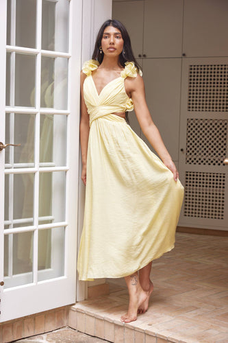 Butter Yellow Midi Cocktail Dress with Side Cutouts and Lace Corset Cross Over to Back (Copy) (Copy) (Copy) (Copy)