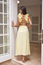 Load image into Gallery viewer, Butter Yellow Midi Cocktail Dress with Side Cutouts and Lace Corset Cross Over to Back (Copy) (Copy) (Copy) (Copy)