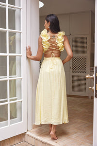 Butter Yellow Midi Cocktail Dress with Side Cutouts and Lace Corset Cross Over to Back (Copy) (Copy) (Copy) (Copy)