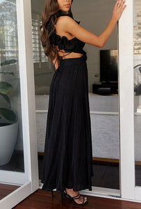 Black Midi Cocktail Dress with Side Cutouts and Lace Corset Cross Over to Back (Copy) (Copy) (Copy)