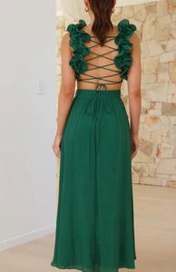 Emerald Green Midi Cocktail Dress with Side Cutouts and Lace Corset Cross Over to Back (Copy)