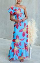 Load image into Gallery viewer, One Shoulder Puff Short Sleeve Floral Print Maxi Dress