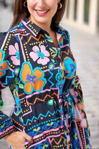 Multi Colour Dana Long Sleeve Midi Shirt Dress