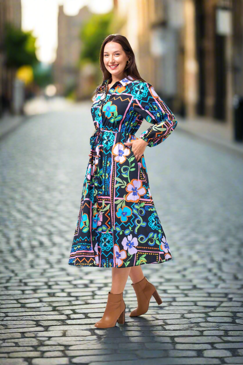 Multi Colour Dana Long Sleeve Midi Shirt Dress