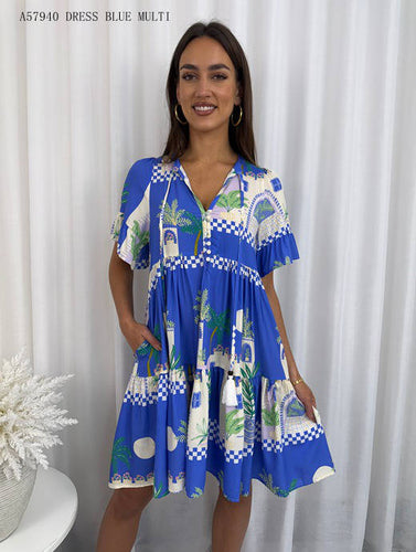 Blue Santorini Summer Dress with Pockets