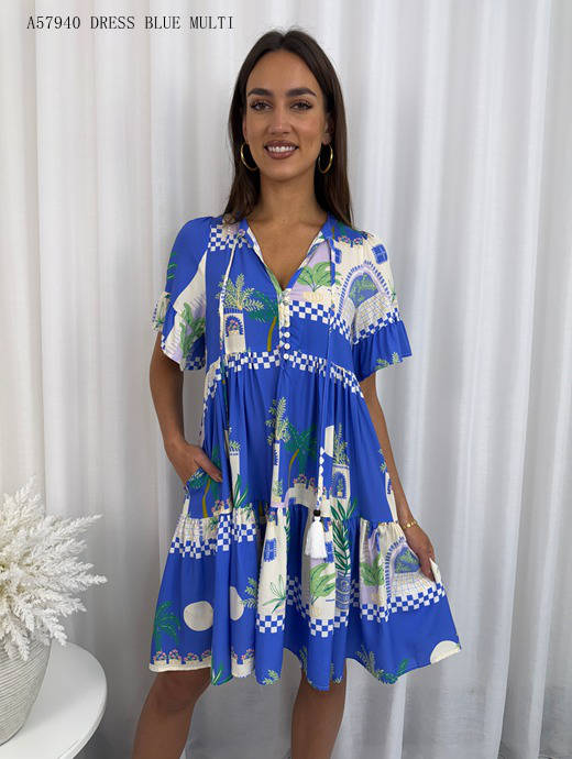 Blue Santorini Summer Dress with Pockets
