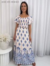 Load image into Gallery viewer, Cream &amp; Blue Maxi Skirt &amp; Peasant Top Two Piece Set