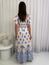 Load image into Gallery viewer, Cream &amp; Blue Maxi Skirt &amp; Peasant Top Two Piece Set