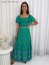 Load image into Gallery viewer, Emerald Green Maxi Skirt &amp; Peasant Top Two Piece Set