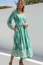 Load image into Gallery viewer, Mint Green Floral Empire Waist Midi Dress with Pockets