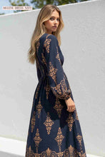 Load image into Gallery viewer, Navy &amp; Tan Floral Empire Waist Midi Dress with Pockets