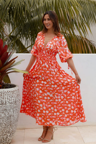 Orange & White Shell Maxi Dress with Balloon Sleeve