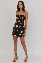 Load image into Gallery viewer, Black floral strapless mini dress with side split