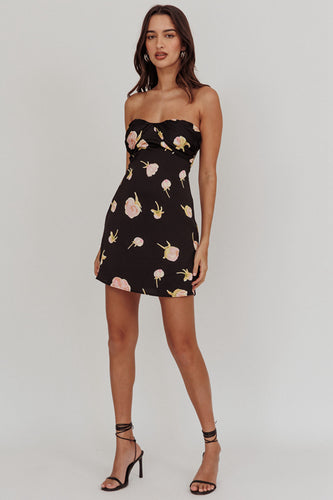 Black floral strapless mini dress with side split