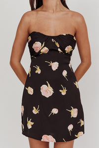 Black floral strapless mini dress with side split
