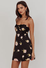 Load image into Gallery viewer, Black floral strapless mini dress with side split