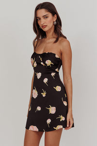 Black floral strapless mini dress with side split