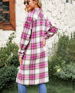 Pink/Cream brushed check patch pocket longline coat