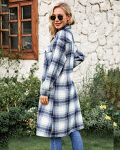 Load image into Gallery viewer, Navy Blue brushed check patch pocket longline coat