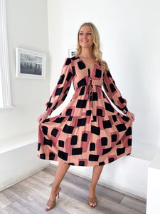 Abstract Long Sleeve Midi "Elsie" Dress with Pockets