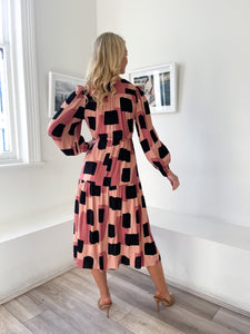 Abstract Long Sleeve Midi "Elsie" Dress with Pockets