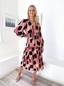 Abstract Long Sleeve Midi "Elsie" Dress with Pockets