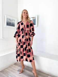 Abstract Long Sleeve Midi "Elsie" Dress with Pockets