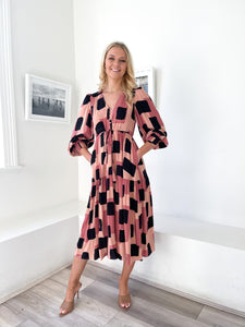 Abstract Long Sleeve Midi "Elsie" Dress with Pockets