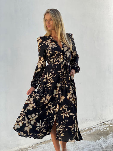 Multi Black & Gold Long Sleeve Shirt Dress with Tie Belt & Pockets
