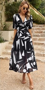 Black & White Double Waistband Midi Dress