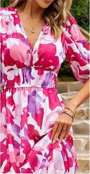 Pink Floral Double Waistband Midi Dress