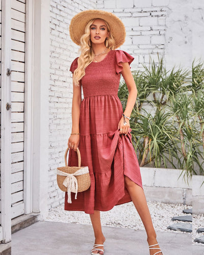Rust Shirred Bust Midi Dress with Butterfly Sleeve