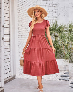 Rust Shirred Bust Midi Dress with Butterfly Sleeve