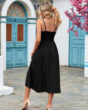 Load image into Gallery viewer, Black Spaghetti Strap Shirred Midi Dress with Pockets