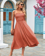 Load image into Gallery viewer, Rust Spaghetti Strap Shirred Midi Dress with Pockets