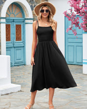 Load image into Gallery viewer, Black Spaghetti Strap Shirred Midi Dress with Pockets