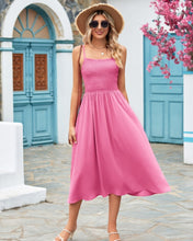 Load image into Gallery viewer, Barbie Pink Spaghetti Strap Shirred Midi Dress with Pockets