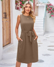 Load image into Gallery viewer, Mocha Cotton Summer Dress with Side Split &amp; Pockets