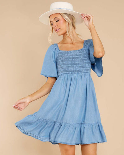 Cotton Denim Mini Dress with shirred bodice