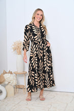 Load image into Gallery viewer, Black &amp; Brown Long Sleeve Shirt Dress with Self Fabric Tie Waist &amp; Pockets