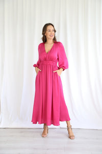 Barbie Pink Long Sleeve Silk "Indiana" Maxi Style Dress